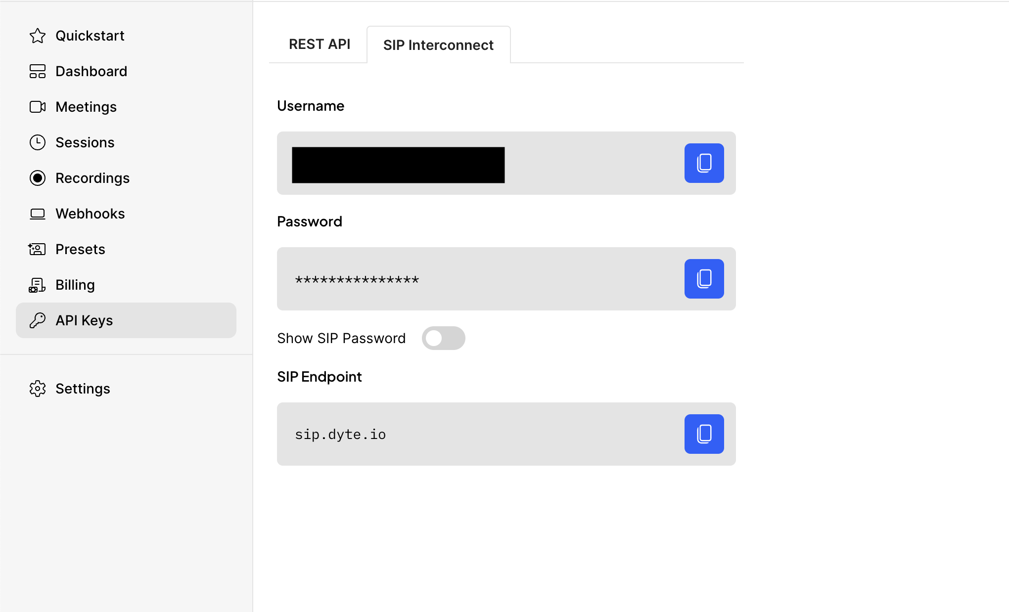 SIP Keys in developer portal