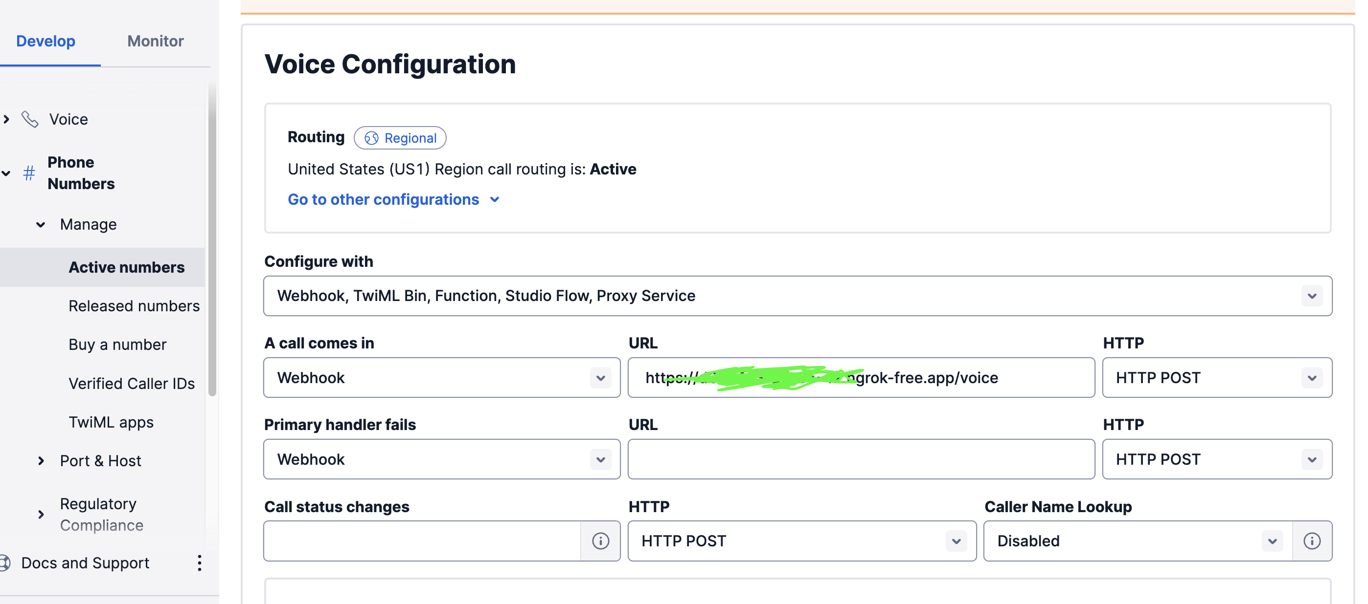 Twilio Voice Webhook configuration